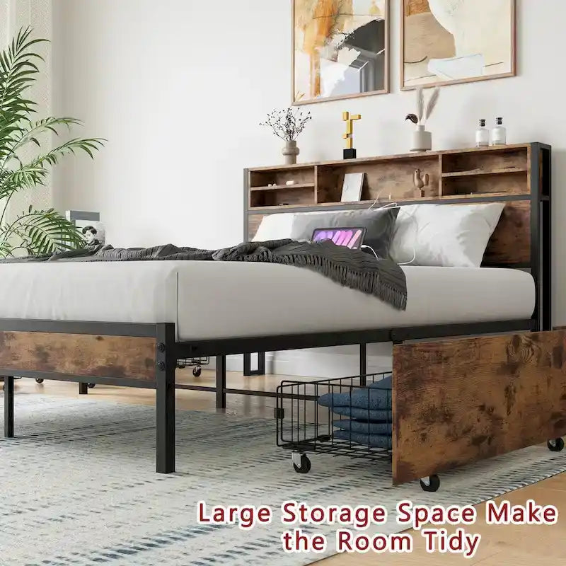 Queen Bed Frame with Storage Headboard and 4 Drawers, Metal Platform Bed with Charging Station