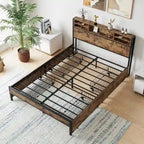 Queen Bed Frame with Storage Headboard and 4 Drawers, Metal Platform Bed with Charging Station
