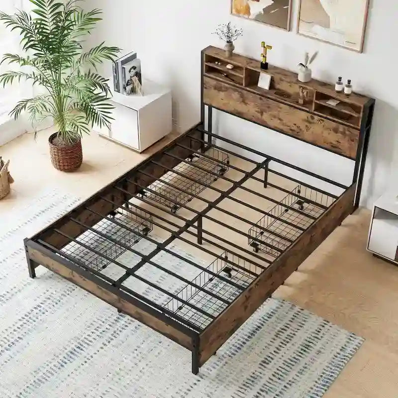 Queen Bed Frame with Storage Headboard and 4 Drawers, Metal Platform Bed with Charging Station