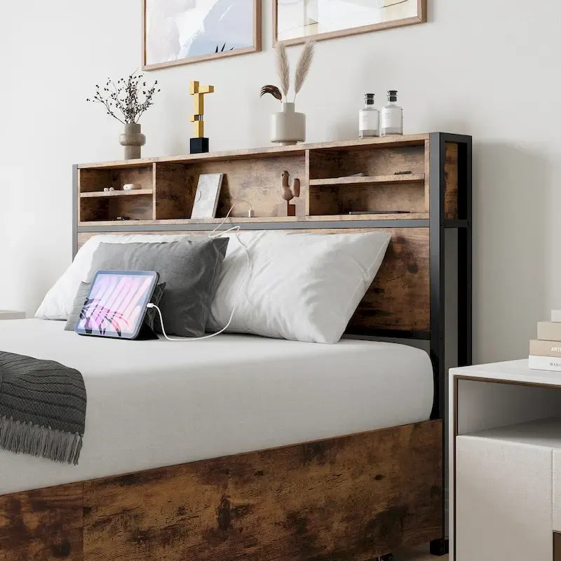Queen Bed Frame with Storage Headboard and 4 Drawers, Metal Platform Bed with Charging Station
