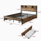 Queen Bed Frame with Storage Headboard and 4 Drawers, Metal Platform Bed with Charging Station