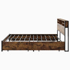 Queen Bed Frame with Storage Headboard and 4 Drawers, Metal Platform Bed with Charging Station