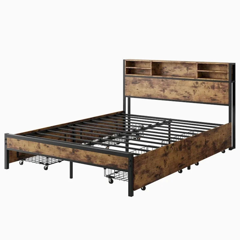 Queen Bed Frame with Storage Headboard and 4 Drawers, Metal Platform Bed with Charging Station