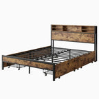Queen Bed Frame with Storage Headboard and 4 Drawers, Metal Platform Bed with Charging Station