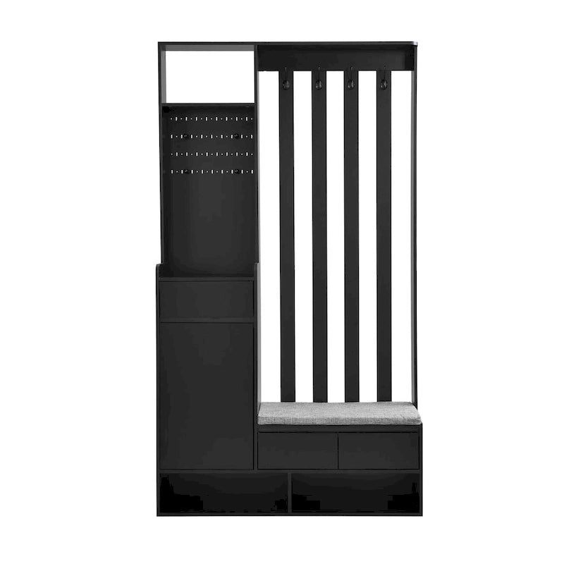 39.3Wx70.8H Hall Tree Storage with Cushioned Storage Bench,Multifunctional Hallway Shoe Cabinet,Pegboard,Coat Rack,4 Hooks