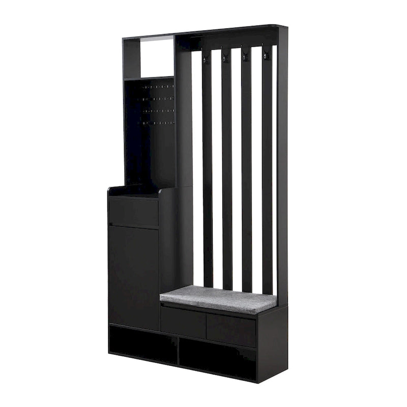 39.3Wx70.8H Hall Tree Storage with Cushioned Storage Bench,Multifunctional Hallway Shoe Cabinet,Pegboard,Coat Rack,4 Hooks