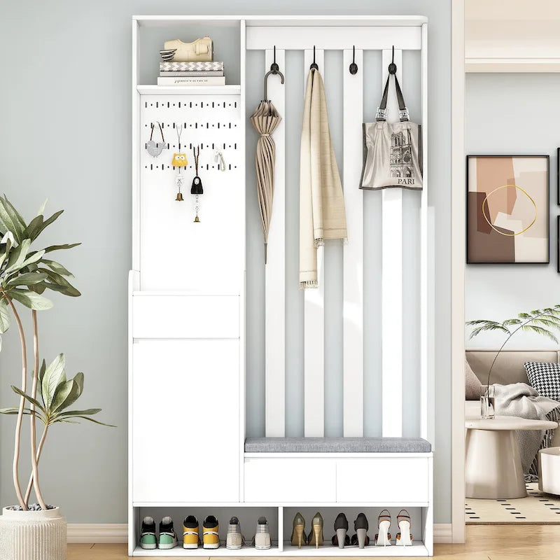 39.3Wx70.8H Hall Tree Storage with Cushioned Storage Bench,Multifunctional Hallway Shoe Cabinet,Pegboard,Coat Rack,4 Hooks