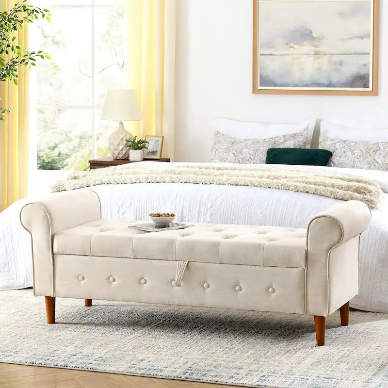62 Bedroom Tufted Button Storage Bench, Modern Fabric Upholstered Ottoman, Window Bench, Rolled Arm Design for Bedroom