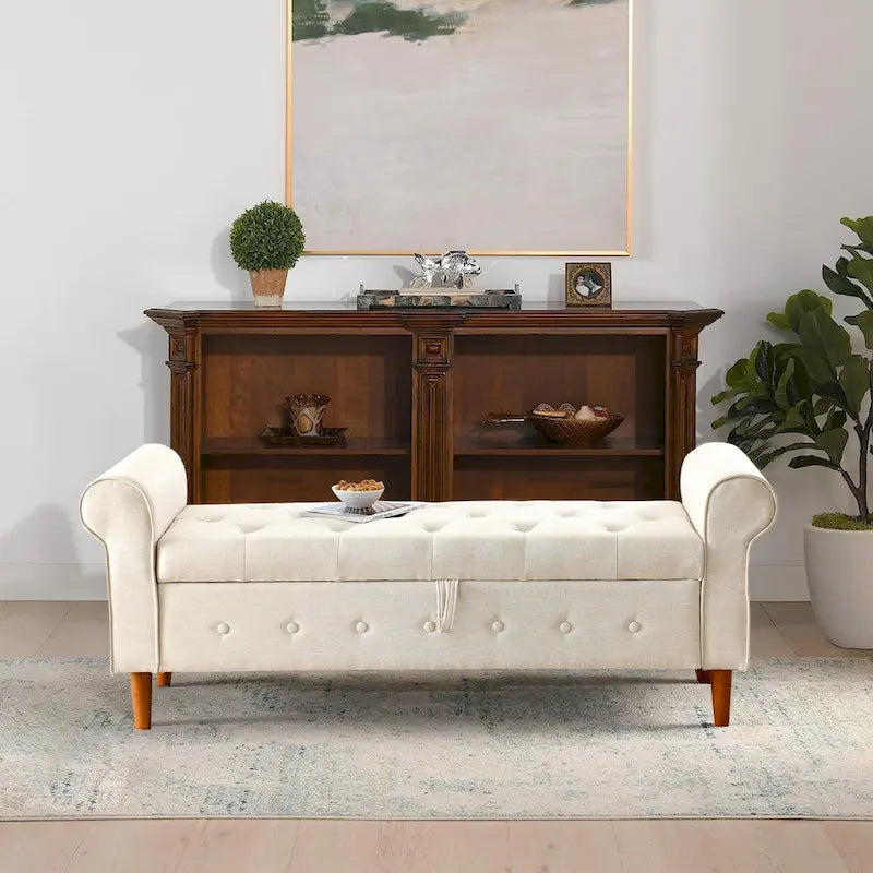62 Bedroom Tufted Button Storage Bench, Modern Fabric Upholstered Ottoman, Window Bench, Rolled Arm Design for Bedroom