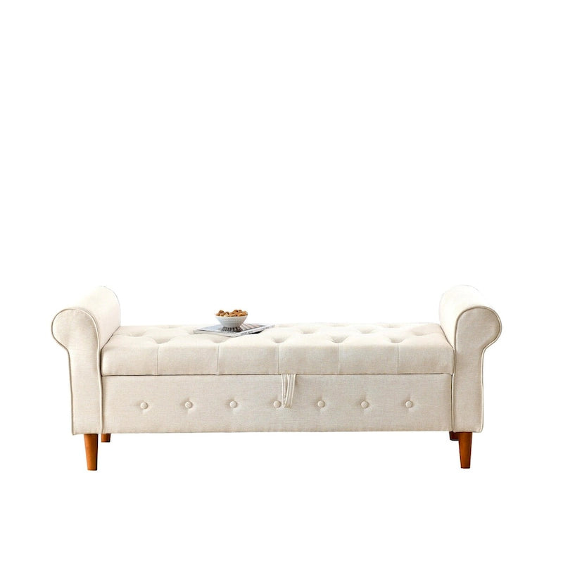 62 Bedroom Tufted Button Storage Bench, Modern Fabric Upholstered Ottoman, Window Bench, Rolled Arm Design for Bedroom