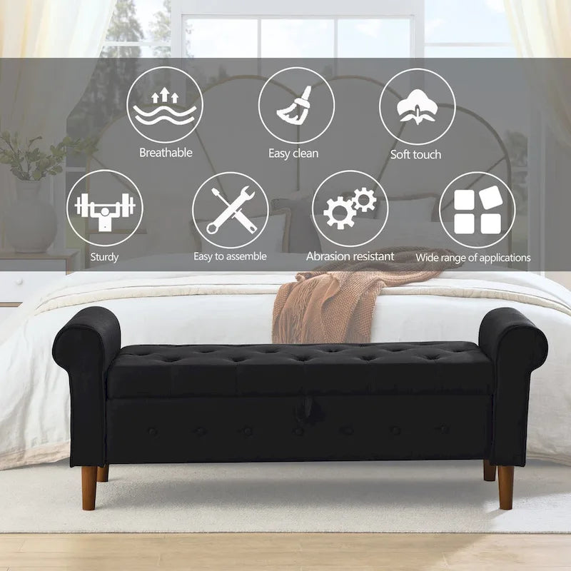 62 Bedroom Tufted Button Storage Bench, Modern Fabric Upholstered Ottoman, Window Bench, Rolled Arm Design for Bedroom