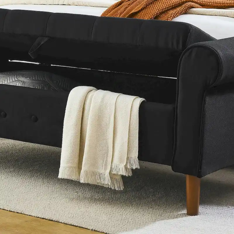62 Bedroom Tufted Button Storage Bench, Modern Fabric Upholstered Ottoman, Window Bench, Rolled Arm Design for Bedroom