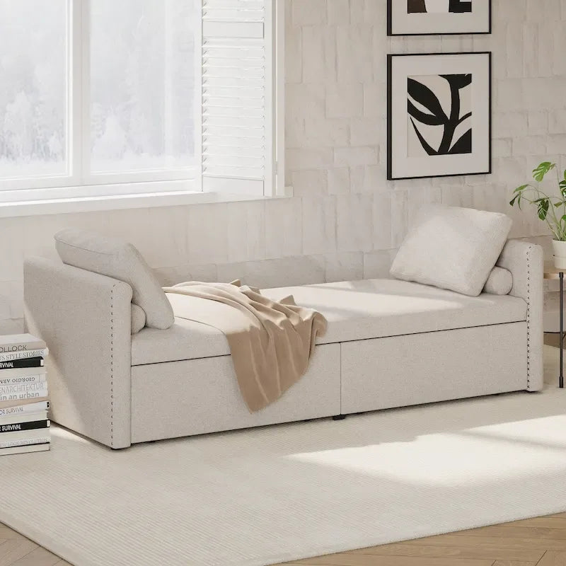 Modern Upholstered Chaise Lounger Daybed Small Single Daybed with 2 Drawers