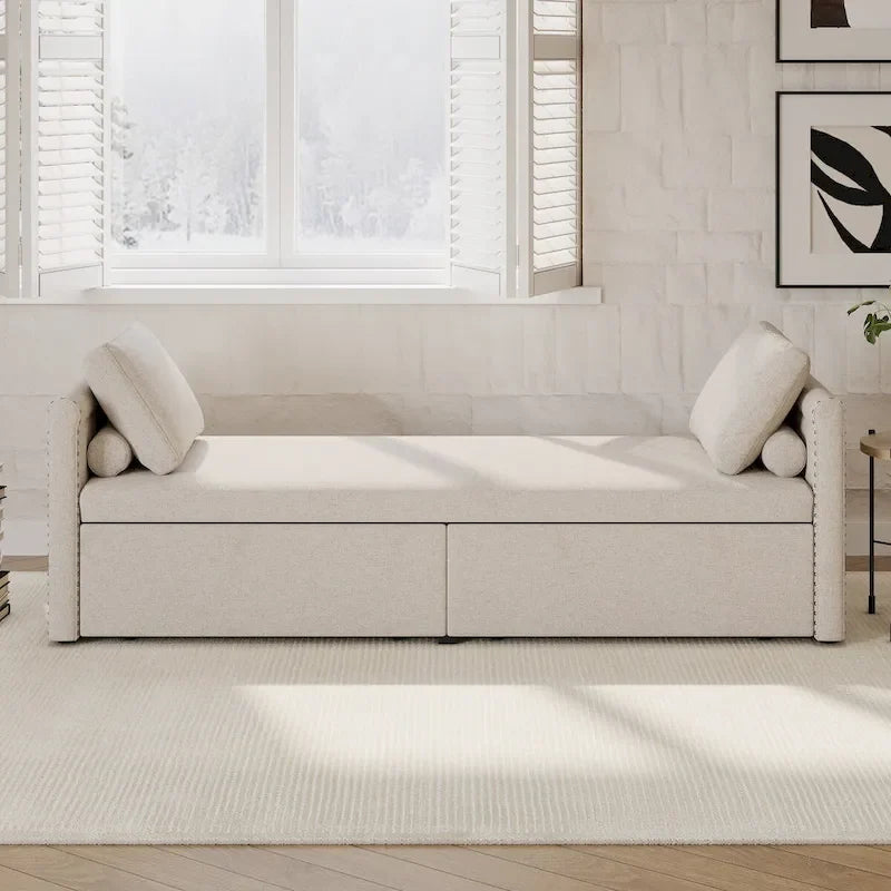 Modern Upholstered Chaise Lounger Daybed Small Single Daybed with 2 Drawers