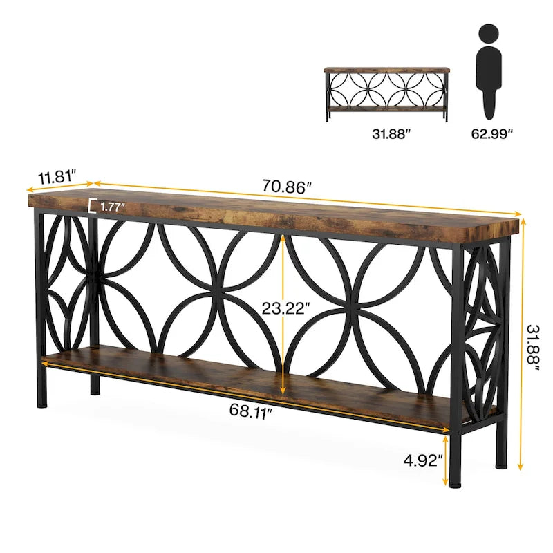 Extra Long Sofa Table with Metal Frame & Rustic Wood Finish - 70.86 L x 11.81 W x 31.88 H